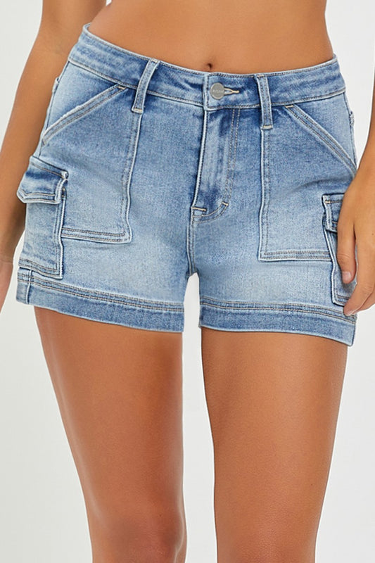 Light Denim High Rise Cargo Shorts