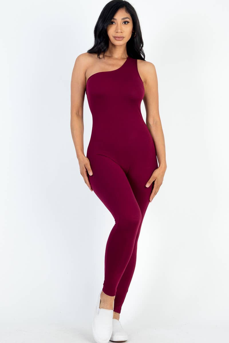 Burgundy one shoulder store jumpsuit