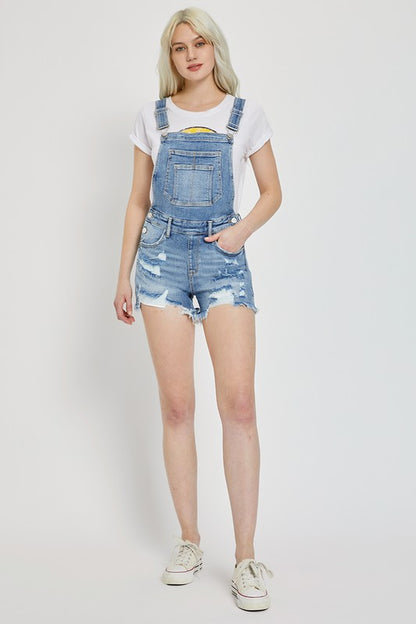 Distressed Stretch Denim Overalls