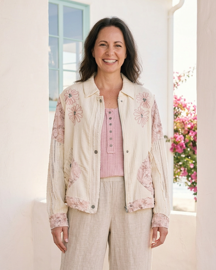 Woman wearing a light-colored outfit with a floral jacket in a bright room.