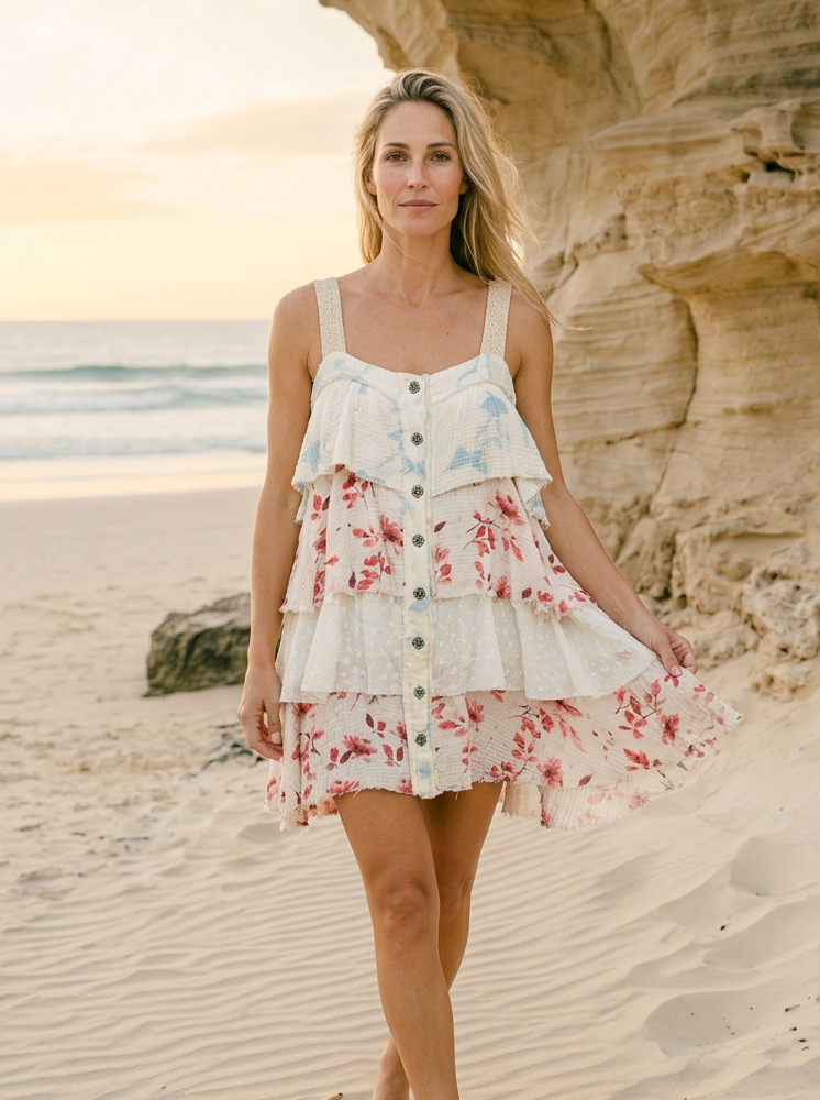 Woman in a floral dress standing on a sandy beach with rocks and ocean in the background