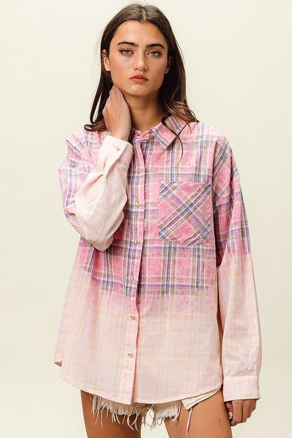 Pink Bleached Plaid Shirt