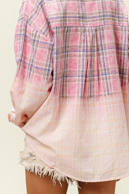 Pink Bleached Plaid Shirt