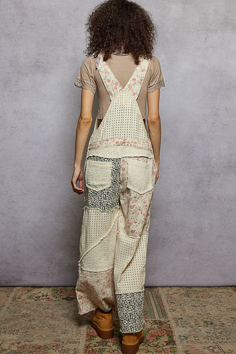 Animal Print Floral Frayed Overalls