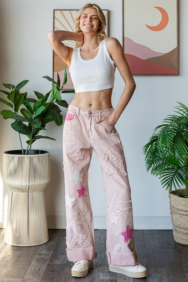 Pink Star Patchwork Jeans