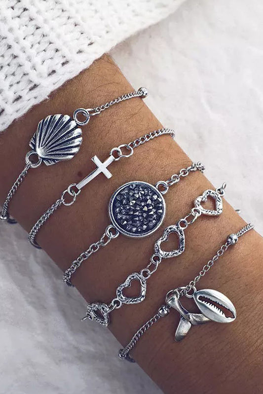 5 Pcs Beach Fishtail Shell Heart Cross Alloy Bracelet Set