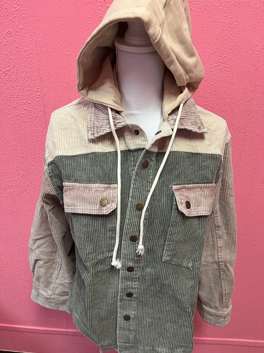 Color Block Corduroy Olive Hooded  Shacket