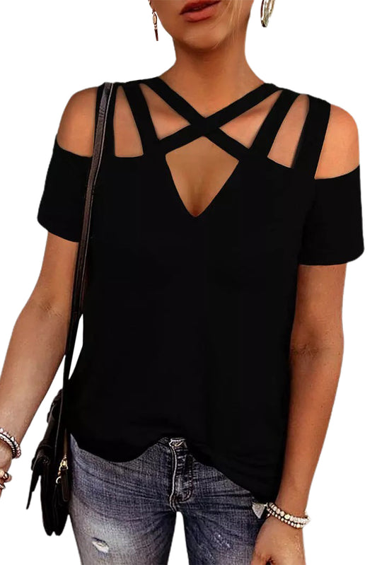 Criss Cross Cut Out Shoulder Shirt