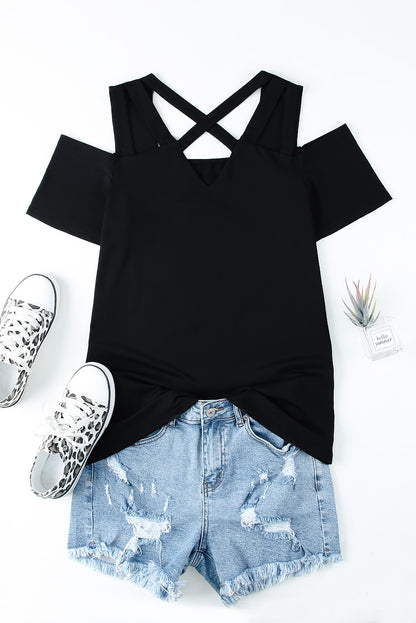 Criss Cross Cut Out Shoulder Shirt