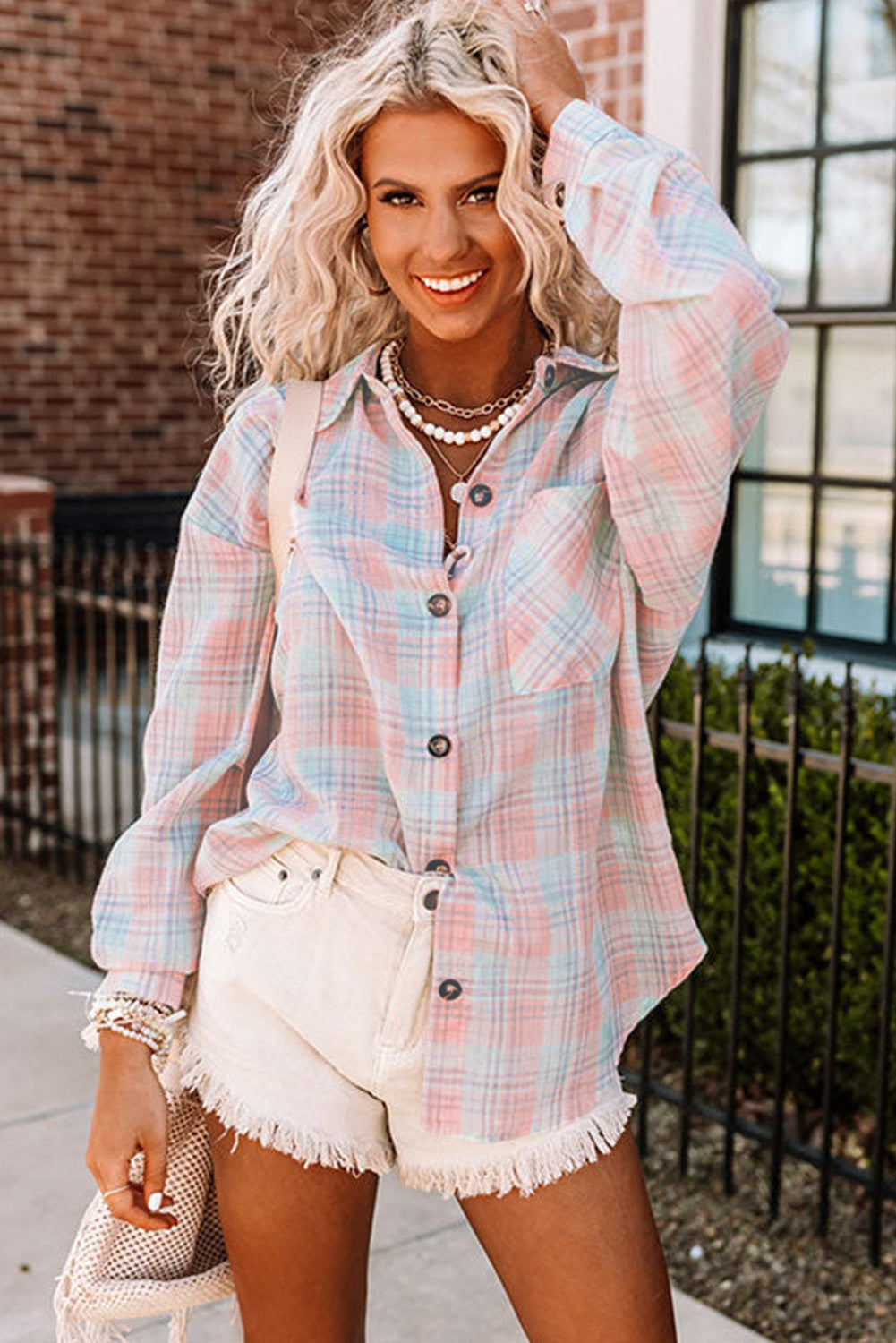 Pink Front Button Long Sleeve Plaid Shirt